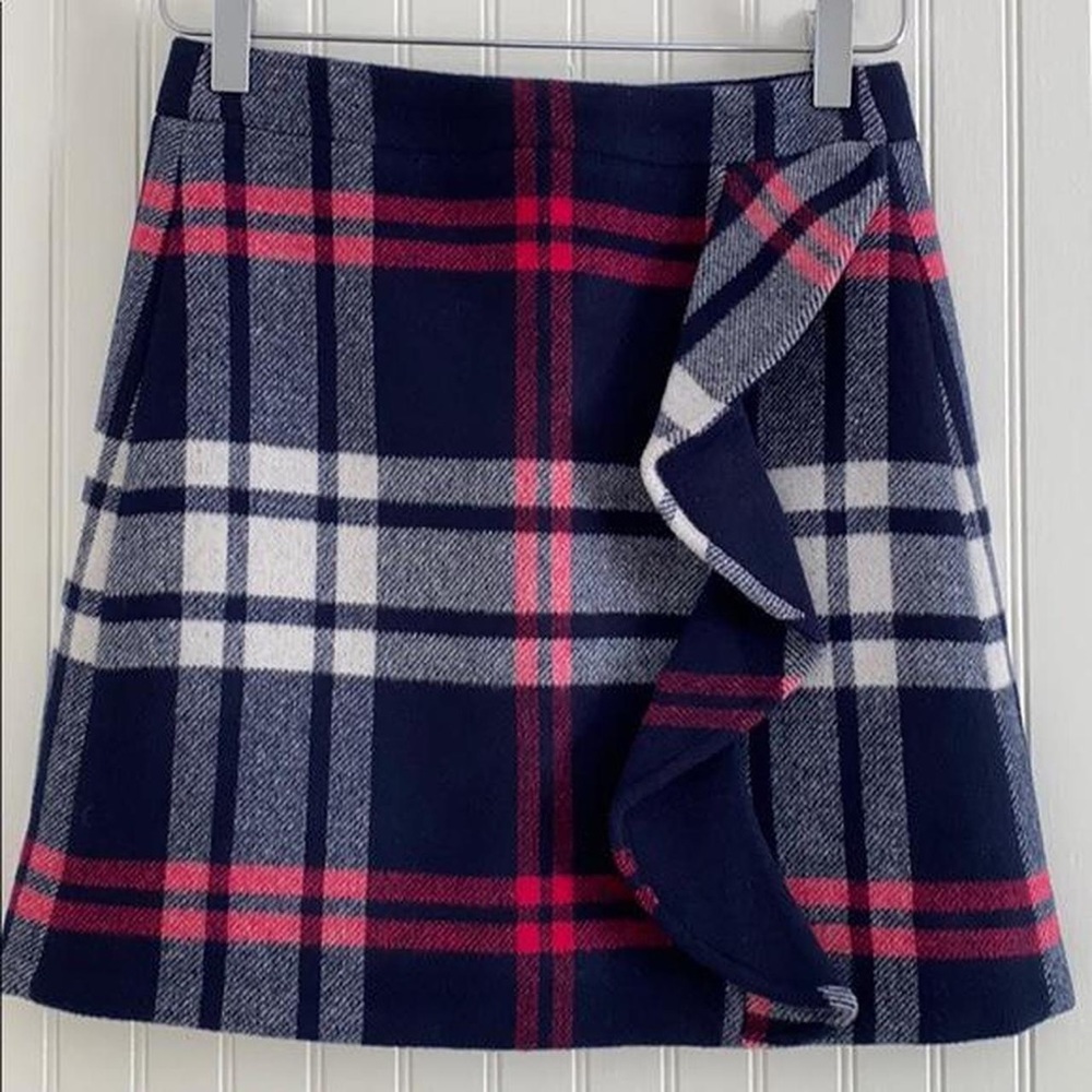 J. Crew navy plaid ruffle mini skirt in double serge wool